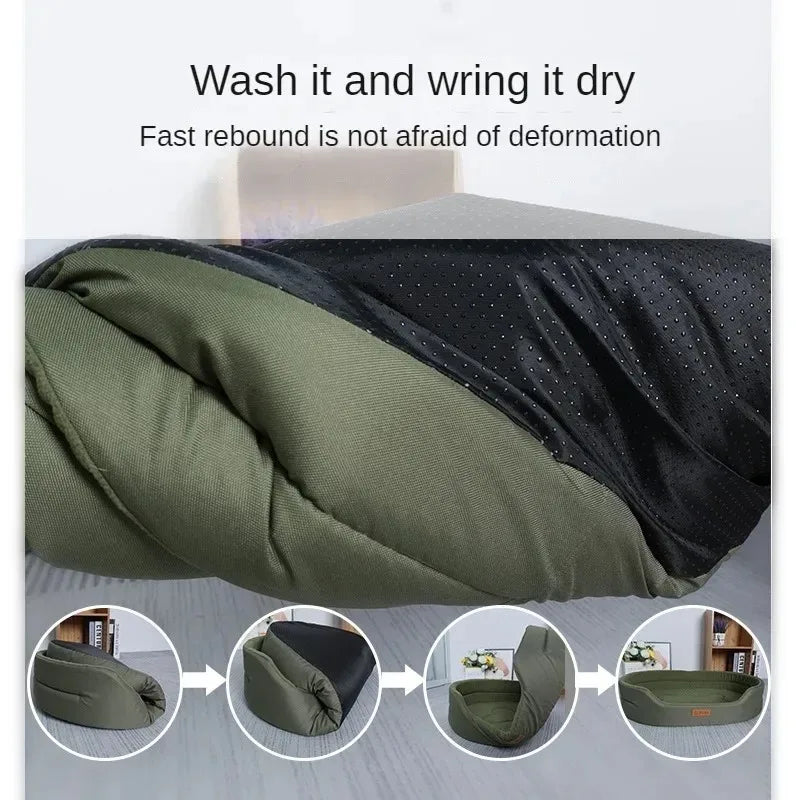 Close-up of dog bed showing its washable material and fast rebound feature for long-lasting comfort.