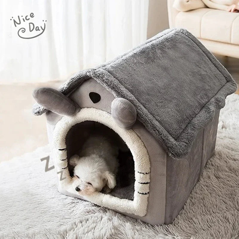 Cozy gray pet bed shaped like a house, featuring a sleeping puppy inside for ultimate comfort.