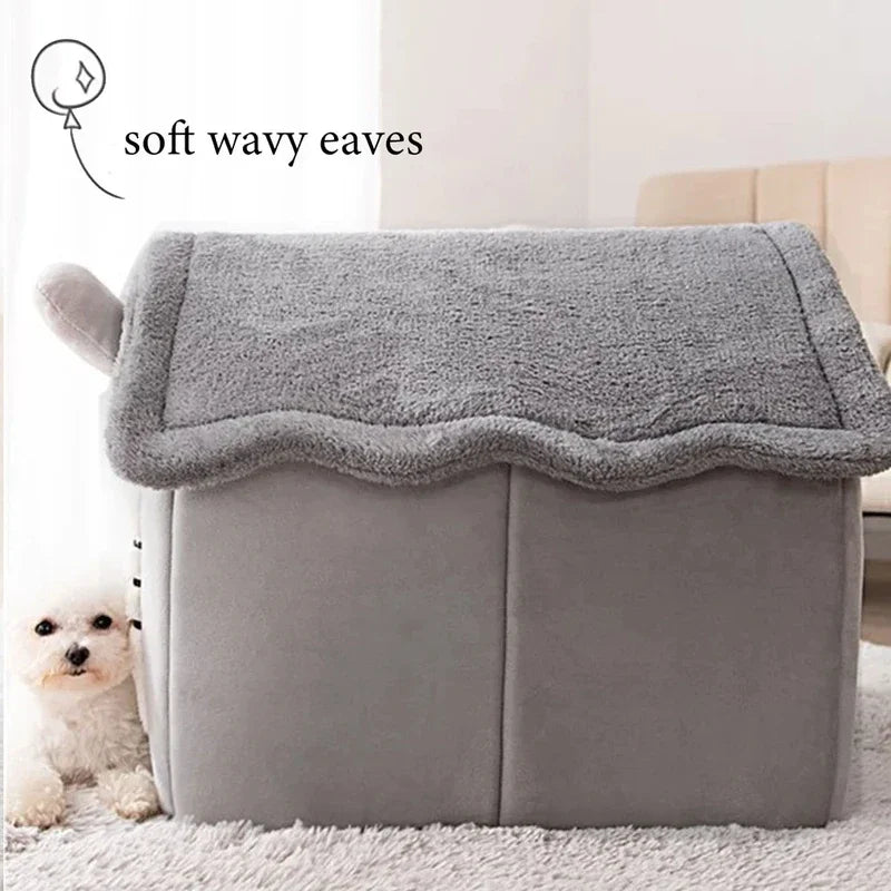 Cozy gray pet bed with soft wavy eaves, perfect for small pets to snuggle in.