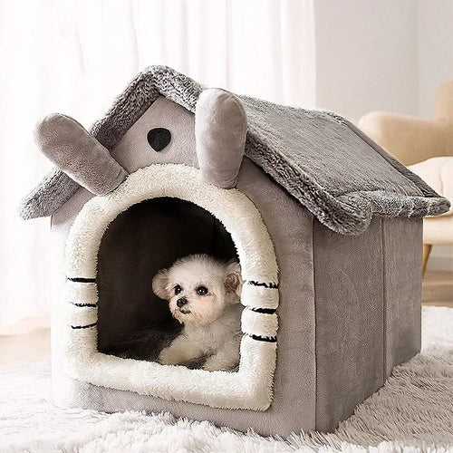Cozy ImportAllied pet house bed with a small dog inside, soft and plush design for comfort.