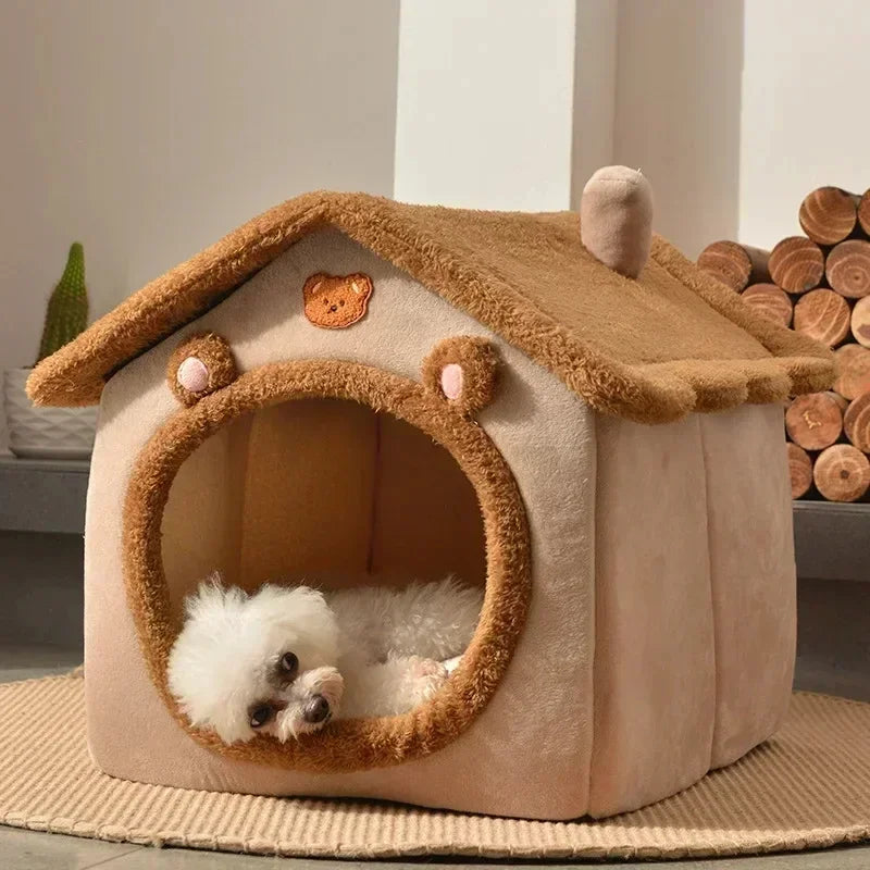 Cozy cartoon-style pet bed with round entrance, perfect for small dogs and cats.
